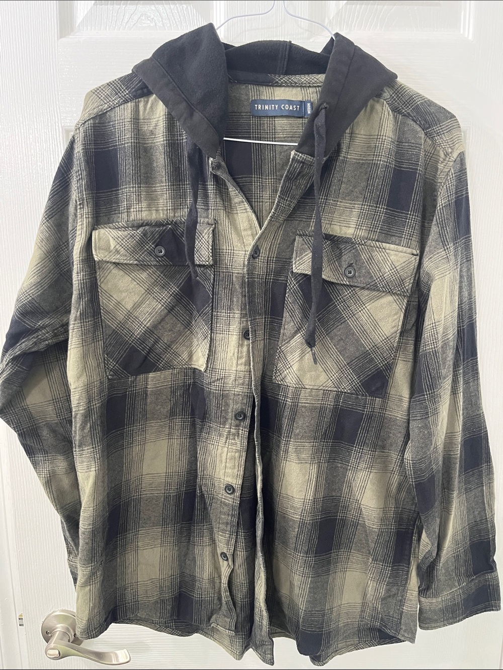 Trinity Black and Green Plaid Button-Up Hooded Shirt Men’s Size Medium
